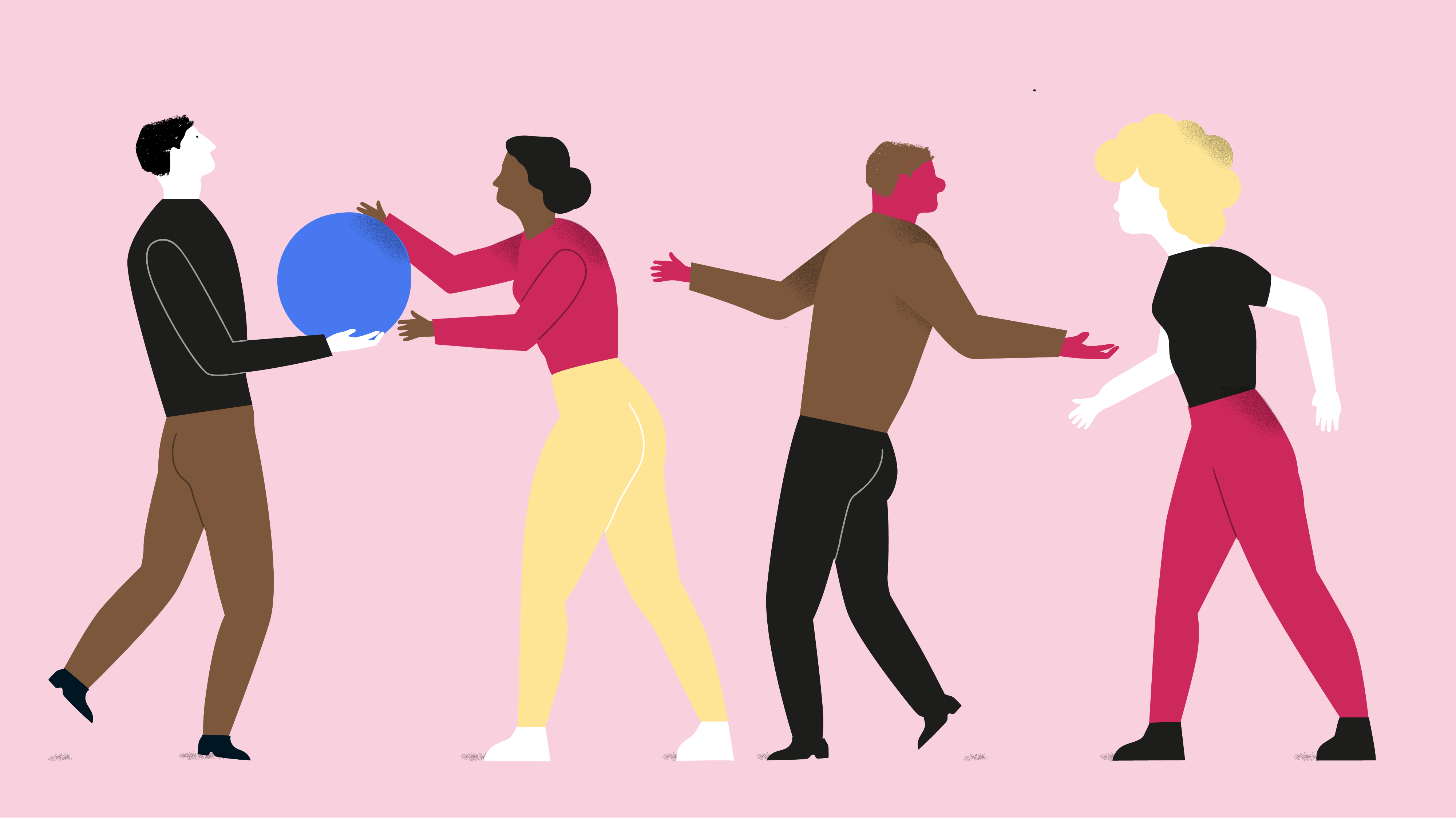Illustration: Eine Person gibt eine blaue Kugel an eine andere welter.