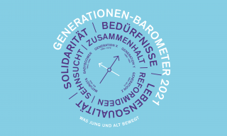 blauer hintergrund mit spiralförmig angeordneten wörter wie Generationenbarometer 2021, etc. drauf